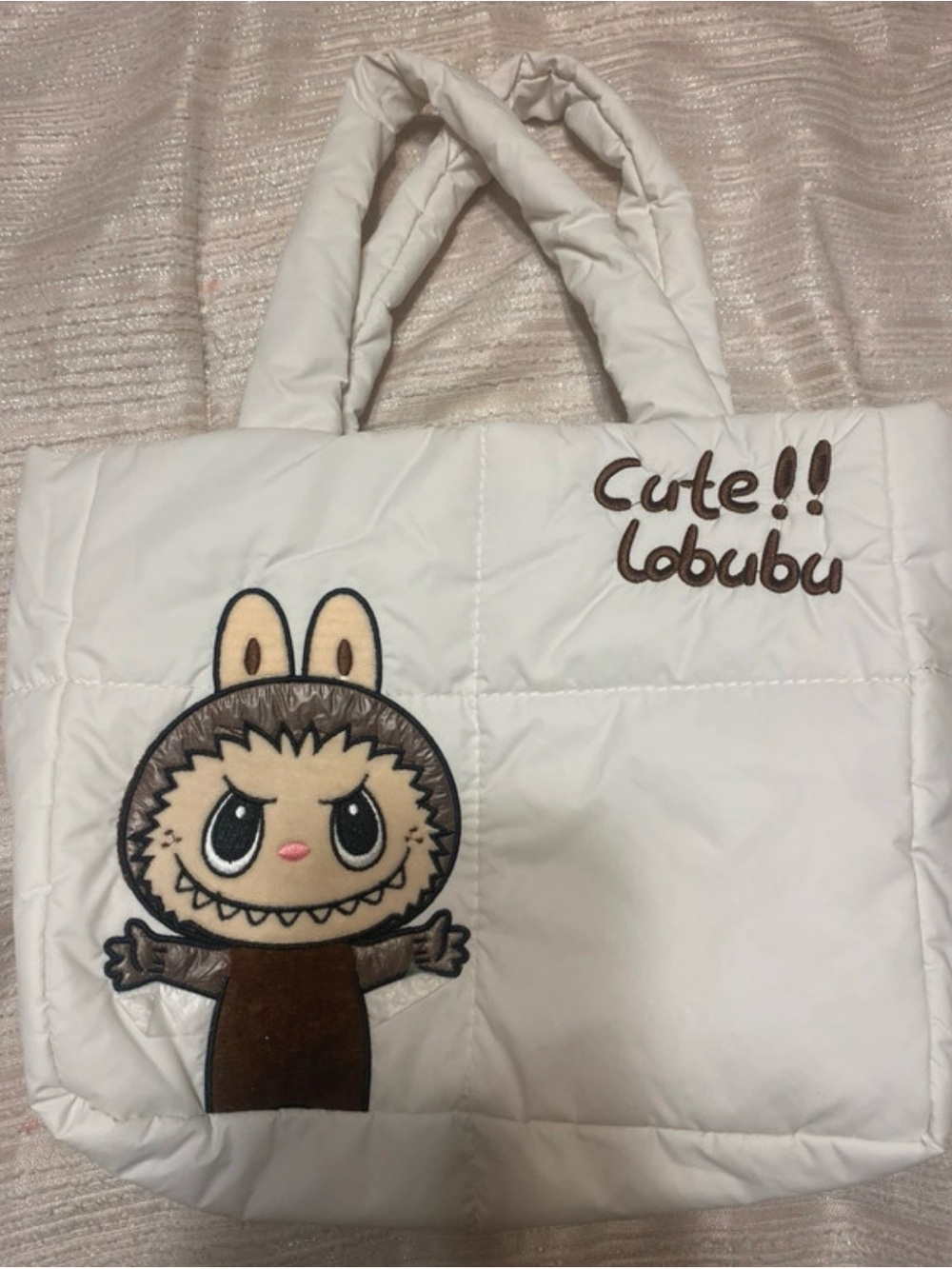 Lobubu White Quilted Character Tote Bag
